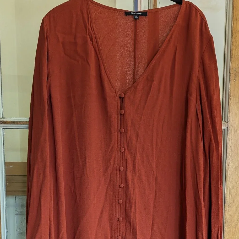 Madewell Heather Long Sleeve Button-down Dress, Rust Red, Size Large - Picture 1 of 13